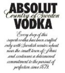 Міжнародна реєстрація торговельної марки № 1114802: ABSOLUT VODKA Country of Sweden Every drop of this superb vodka has been crafted only with Swedish winter wheat near the small town of Åhus and continues a determined