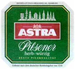 Міжнародна реєстрація торговельної марки № 602837: ASTRA Pilsener herb-würzig