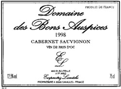 Міжнародна реєстрація торговельної марки № 763300: Domaine des Bons Auspices 1998 CABERNET SAUVIGNON