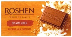 Заявка на торговельну марку № m201809445: roshen; premium quality; sesam seeds; inspiring milk chocolate