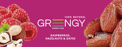 Заявка на торговельну марку № m202211370: no surar added; vegan; 40g; raspberries, hazelnuts & dates; energy bar; greеngy; 100% natural; grеngy