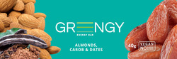 Заявка на торговельну марку № m202300135: no sugar added; vegan; 40g; almonds, carob & dates; energy bar; greеngy; grengy