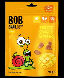 Заявка на торговельну марку № m202305751: 40g(г); без глютену; тільки фрукти; без доданого цукру; 12+ місяців; фруктовий снек манго; fruit snack mango; bob snail равлик боб baby