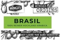 Міжнародна реєстрація торговельної марки № 1522932: MiNGES MINGES ORIGINS BRASIL 100 % REINER HOCHLAND-ARABICA GOURMET COFFEE. MIT LIEBE VON HAND GERÖSTET.