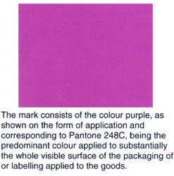 Міжнародна реєстрація торговельної марки № 823981: The mark consists of the colour purple, as shown on the form of application and corresponding to Pantone 248C, being the the predominant colour applied to substantially the whole