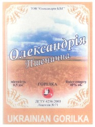 Заявка на торговельну марку № m200619172: ukrainian gorilka; олександрія; пшенична; горілка