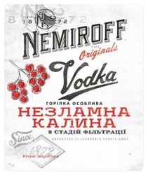 Заявка на торговельну марку № m202404885: from imported.; вироблено зі зернового спирту люкс; 9 стадій фільтрації; горілка особлива; vodka; the originals; since 1872; незламна калина; nemiroff