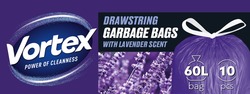 Заявка на торговельну марку № m202603498: 10 pcs; 60l bag; drawstring garbage bags with lavender scent; vortex power of cleanness