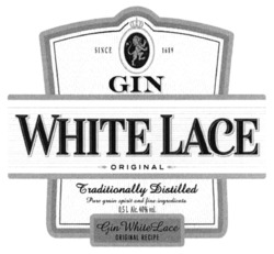 Заявка на торговельну марку № m202128758: traditionally distilled; pure grain spirit and fine ingredients; gin white lace; original recipe; since 1689; 0,5l ale. 40% vol.; 05