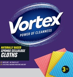 Заявка на торговельну марку № m202603514: effectively absorbs moisture and dirt 3pcs; wipes dry -no traces left; naturally based sponge cellulose cloths; vortex power of cleanness