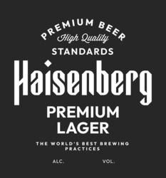 Заявка на торговельну марку № m202310662: vol; alc; worlds; the world's best brewing practices; premium lager; haisenberg; high quality standards; premium beer