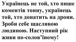 Заявка на торговельну марку № m202322187: соловїному; українець не той, хто пише коментів тонну, українець той, хто донатить на дрони. зроби себе щасливою людиною. наступний рік живи по-солов'їному!