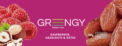 Заявка на торговельну марку № m202213606: no sugar added; vegan; 40g; raspberries, hazelnuts & dates; energy bar; greеngy; grengy