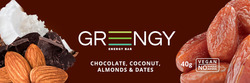 Заявка на торговельну марку № m202300134: no sugar added; vegan; 40g; chocolate, coconut, almonds & dates; energy bar; greеngy; grengy