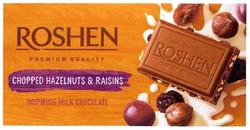 Заявка на торговельну марку № m201809410: roshen; premium quality; chopped hazelnuts&raisins; chopped hazelnuts raisins; inspiring milk chocolate