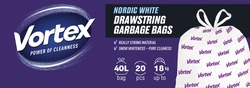 Заявка на торговельну марку № m202603494: 18kg up to; 20 pcs; 40l bag; snow whiteness - pure cleaness; really strong material; nordic white drawstring garbage bags; vortex power of cleanness