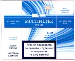 Свідоцтво торговельну марку № 130083 (заявка m201005397): multifilter king size; blue; pcs; куріння призводить до серцево-судинних захворювань та раку легенів!