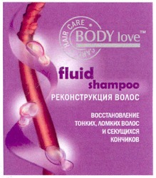 Заявка на торговельну марку № m200913753: body love; tm; fluid shampoo; care hair care; тм; реконструкция волос; восстановление тонких, ломких волос и секущихся кончиков