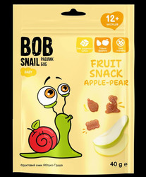 Заявка на торговельну марку № m202305750: 40g; тільки фрукти; без доданого цукру; без глютену; 12+ місяців; фруктовий снек яблуко-груша; bob snail равлик боб baby", "fruit snack apple-pear